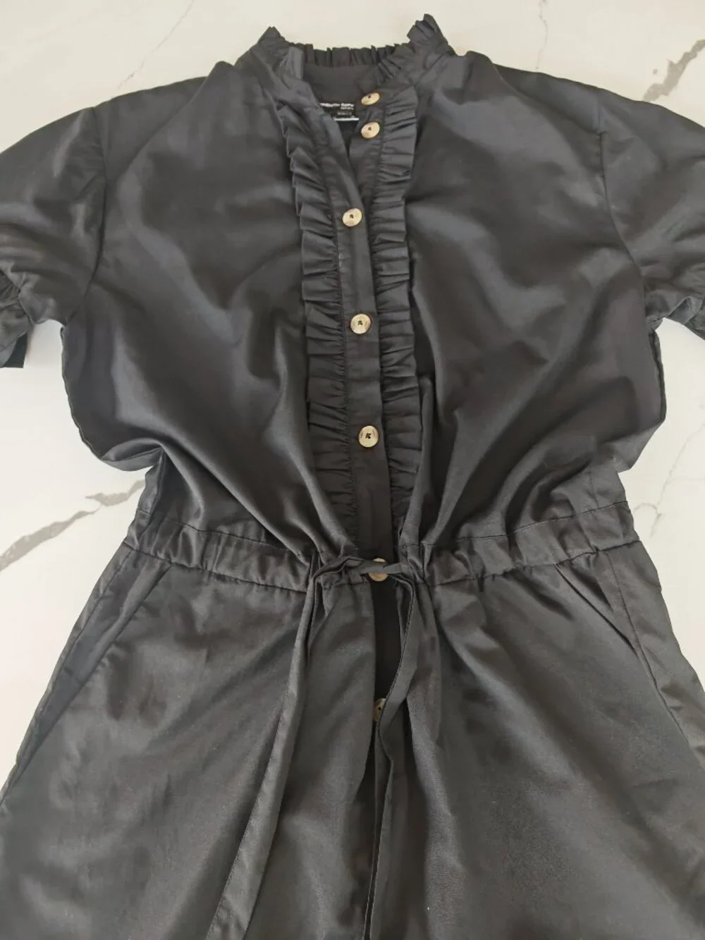French Connection Black Ruffle Button Front Romper Dress Size 4 | Cinched Waist - Picture 3 of 11
